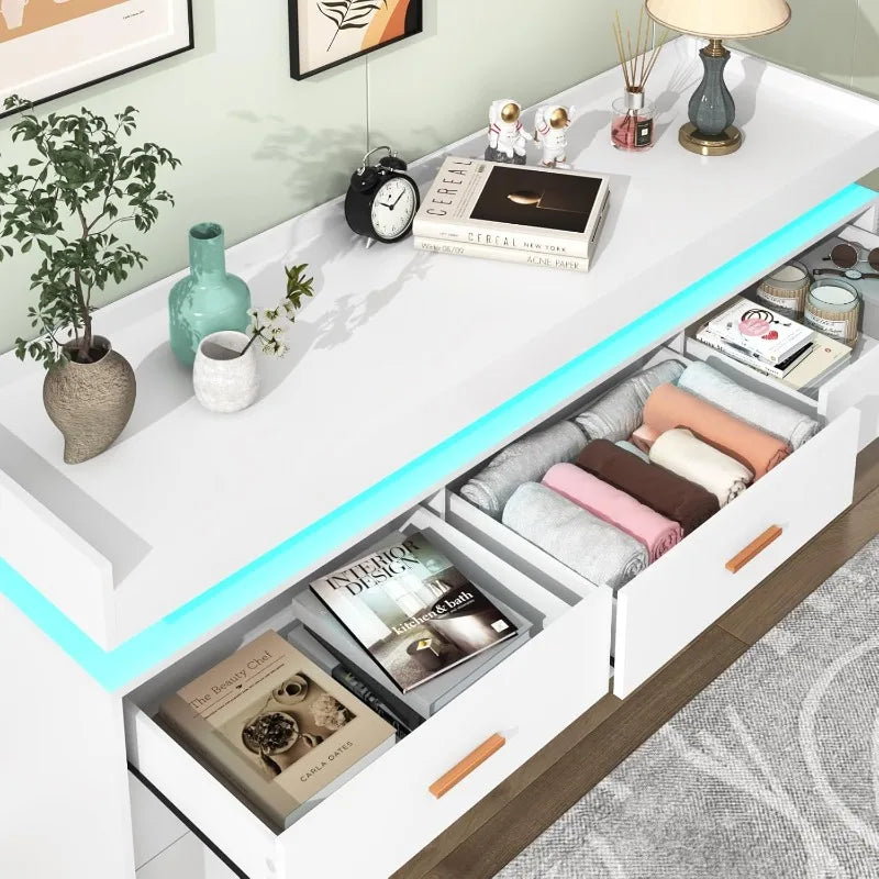 Modern 9 Drawer Dresser with LED Light and Charging Station