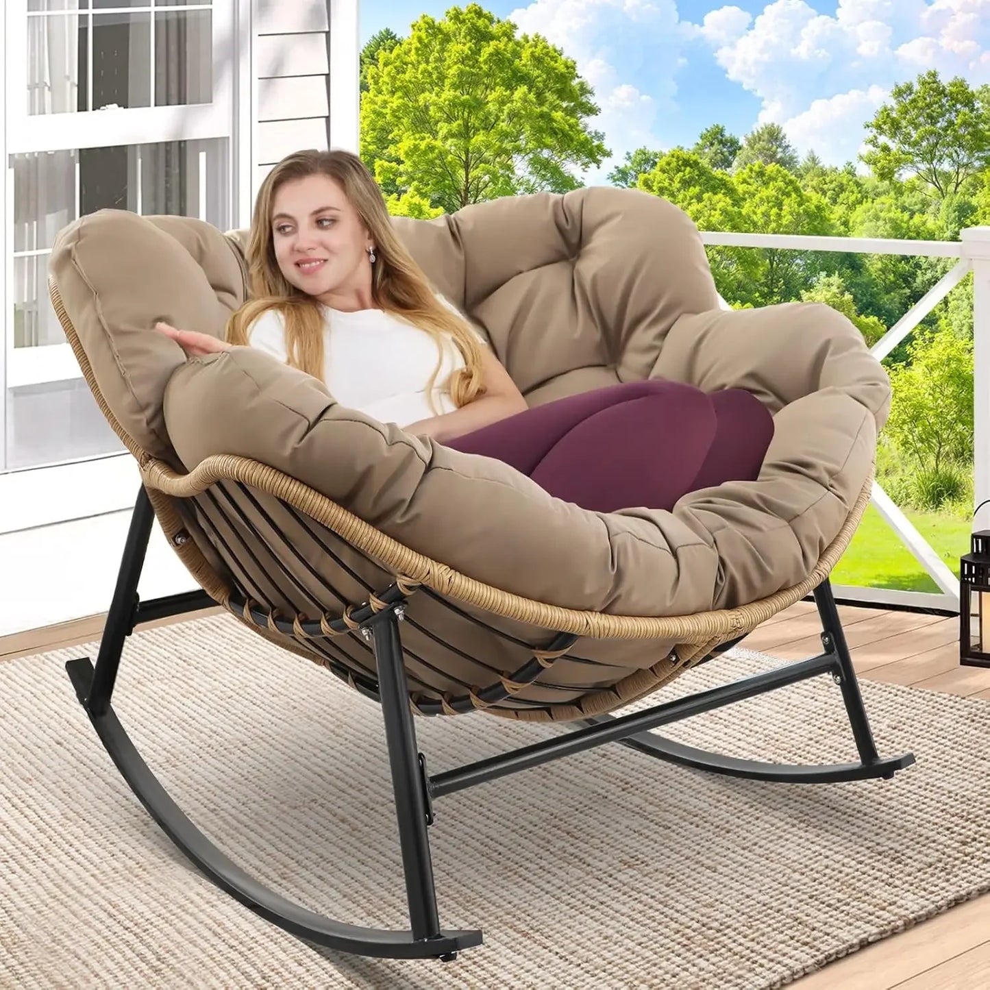 Rocking Egg Chair Indoor Outdoor Oversized Lounge Wicker Papasan Rocker
