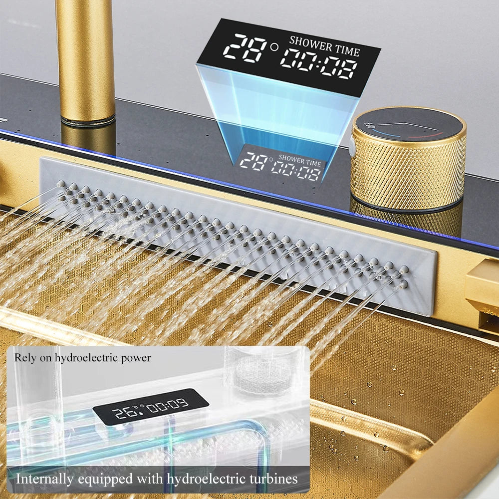 Gold Multifunctional Kitchen Waterfall Sink Digital Display 304 Stainless Steel