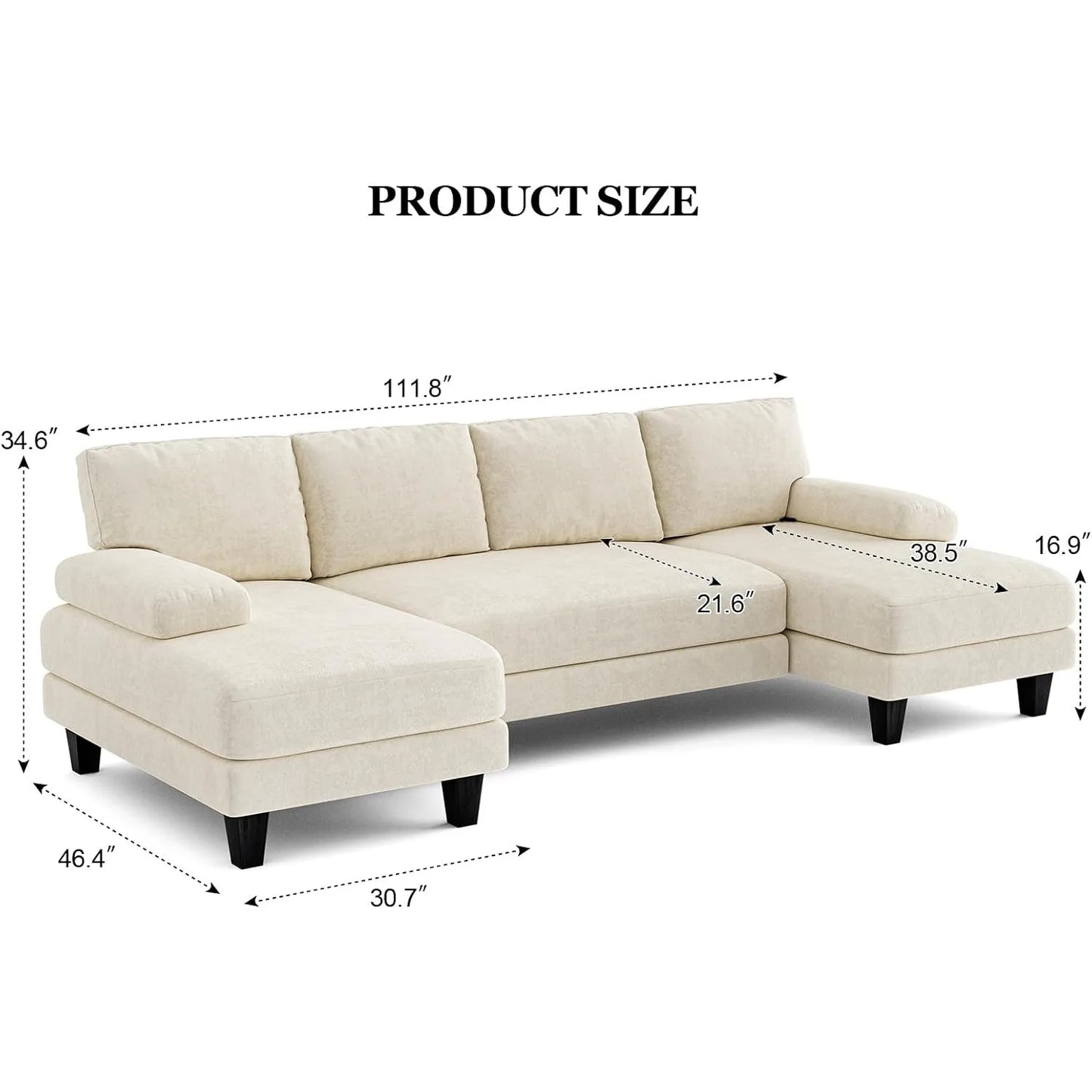 U-Shaped Sectional Sofa 111" w/ Double Chaise, Chenille Couch, Beige, Modular