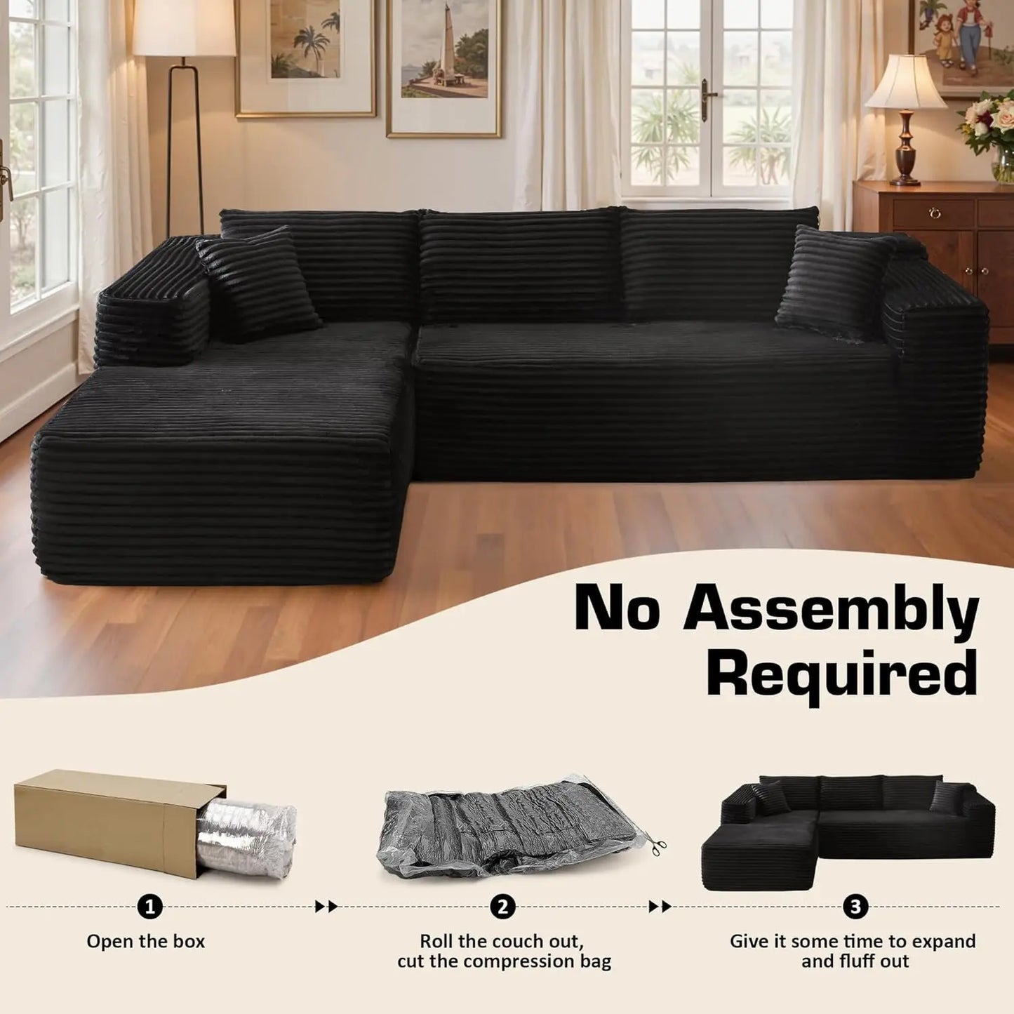 Ljustra 106" Modern L-Shaped Sectional Couch, Fluffy Corduroy Sofa, No Assembly Required