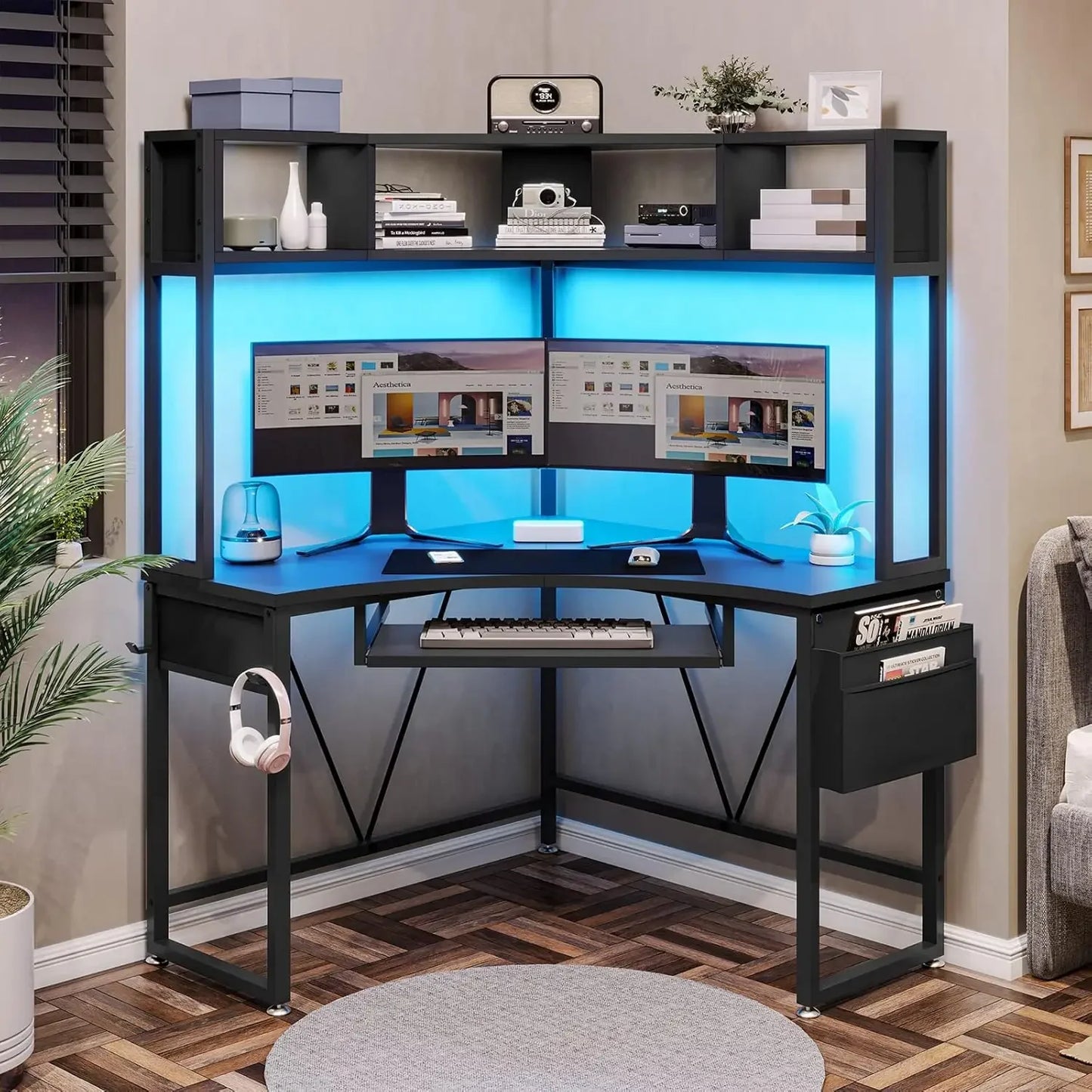 Ljustra Corner Desk Small Computer Desk with Hutch LED Lights