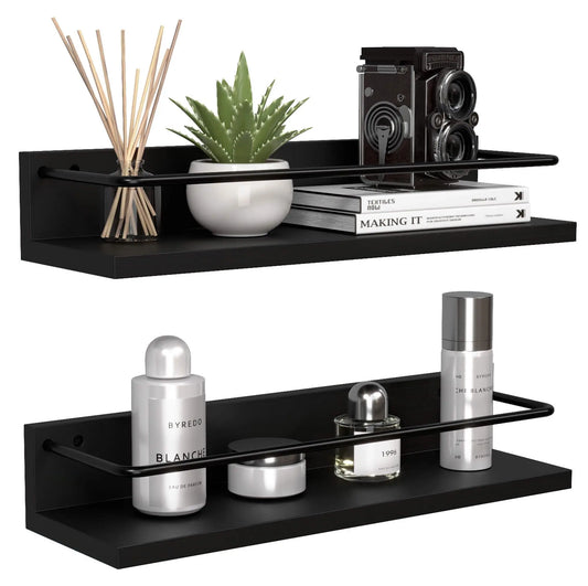 Floating Black Shelves with Metal Guardrail Set of 2 Modern Bathroom Storage