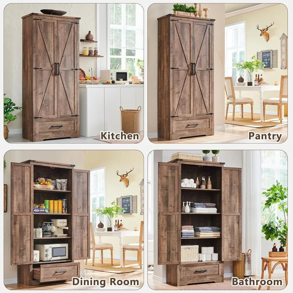 72 Inch Tall Wood Storage Cabinet Farmhouse Kitchen Pantry Cabinet