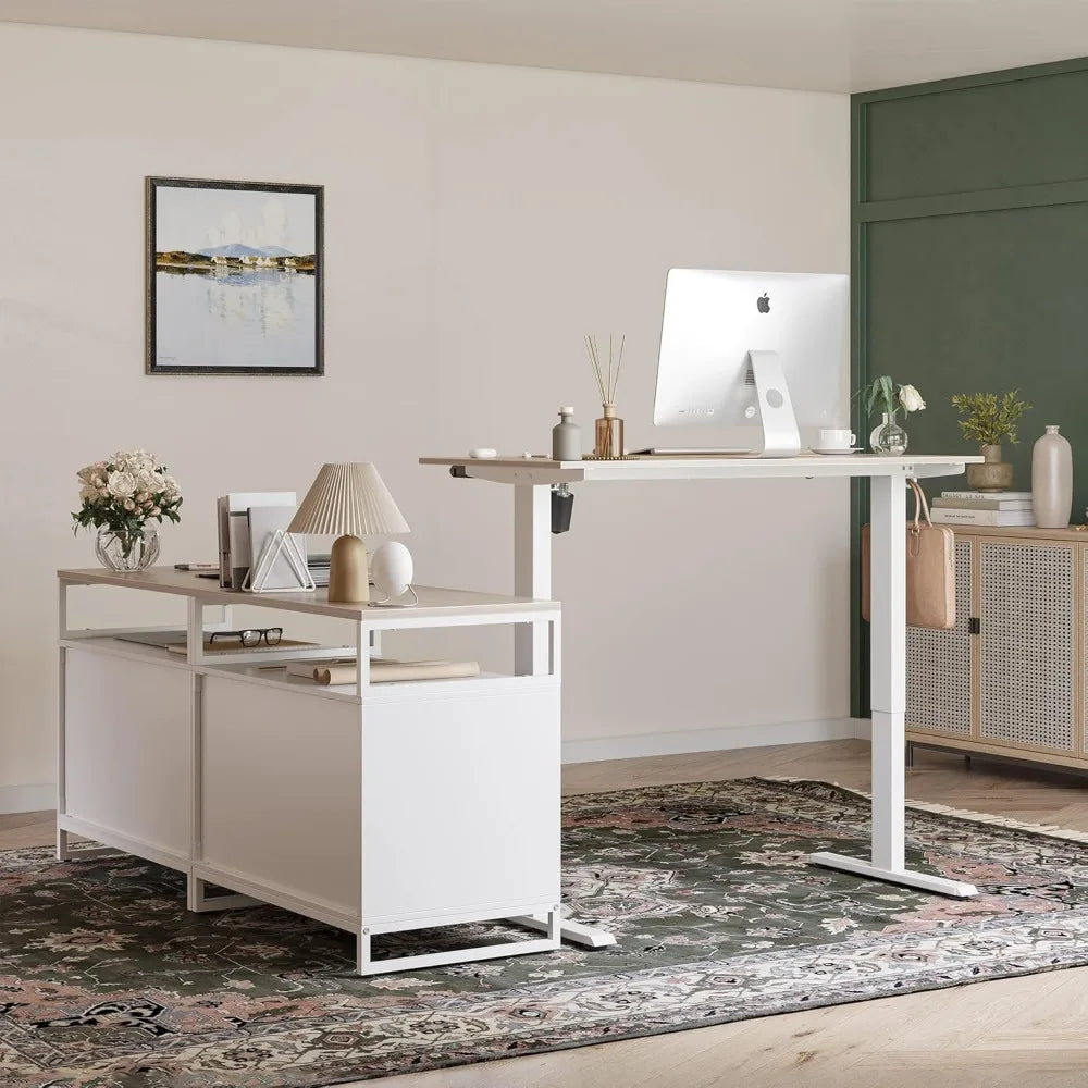L Shaped Standing Desk Adjustable Height with Drawers and Shelves