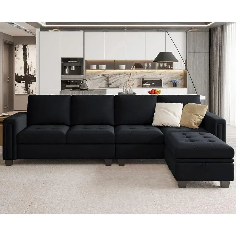 Ljustra Black Velvet Reversible Sectional Sofa Storage Ottoman 4-Seat L-Shaped Couch