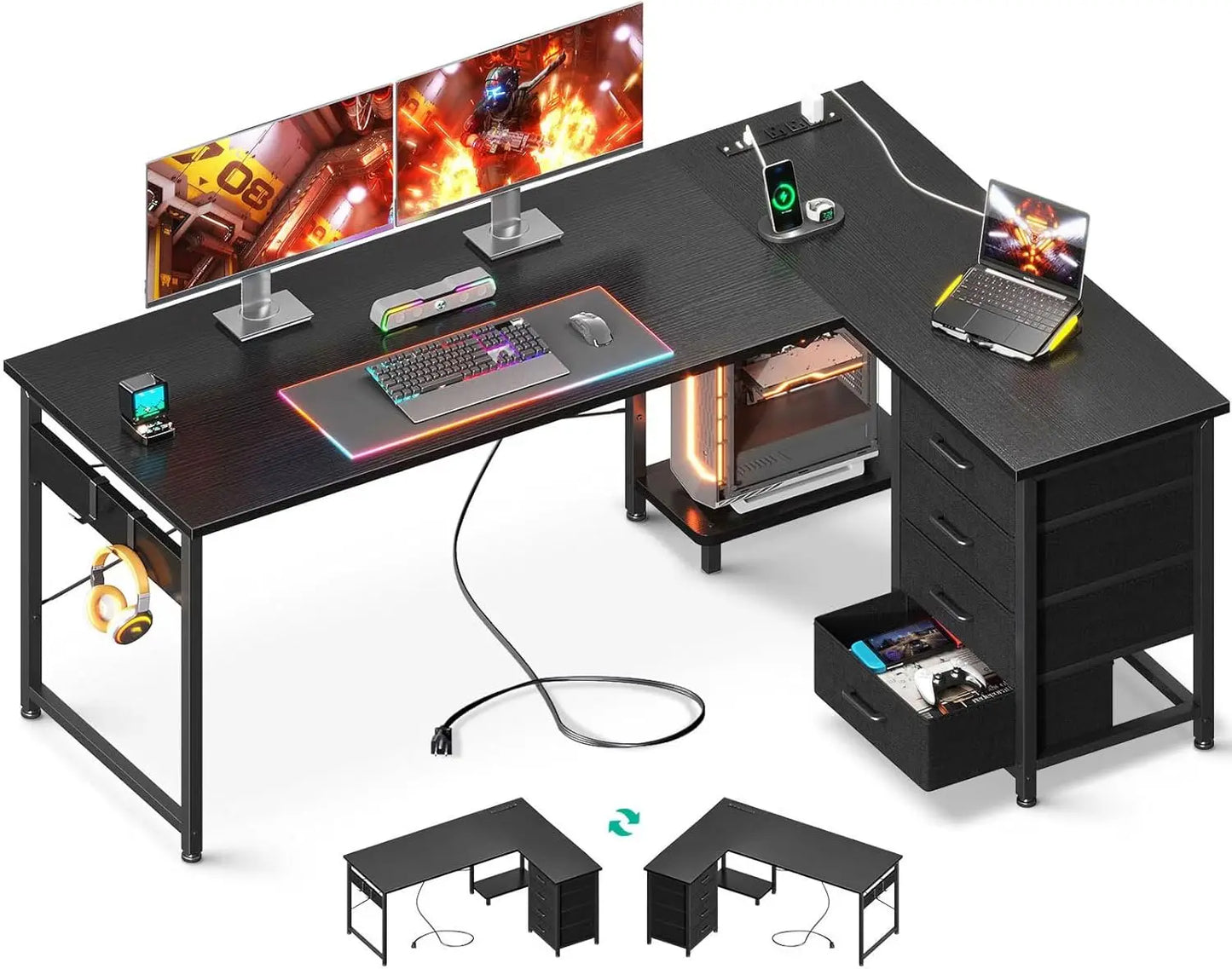 L Shaped Gaming Desk with 4 Drawers and USB Charging Power Outlets