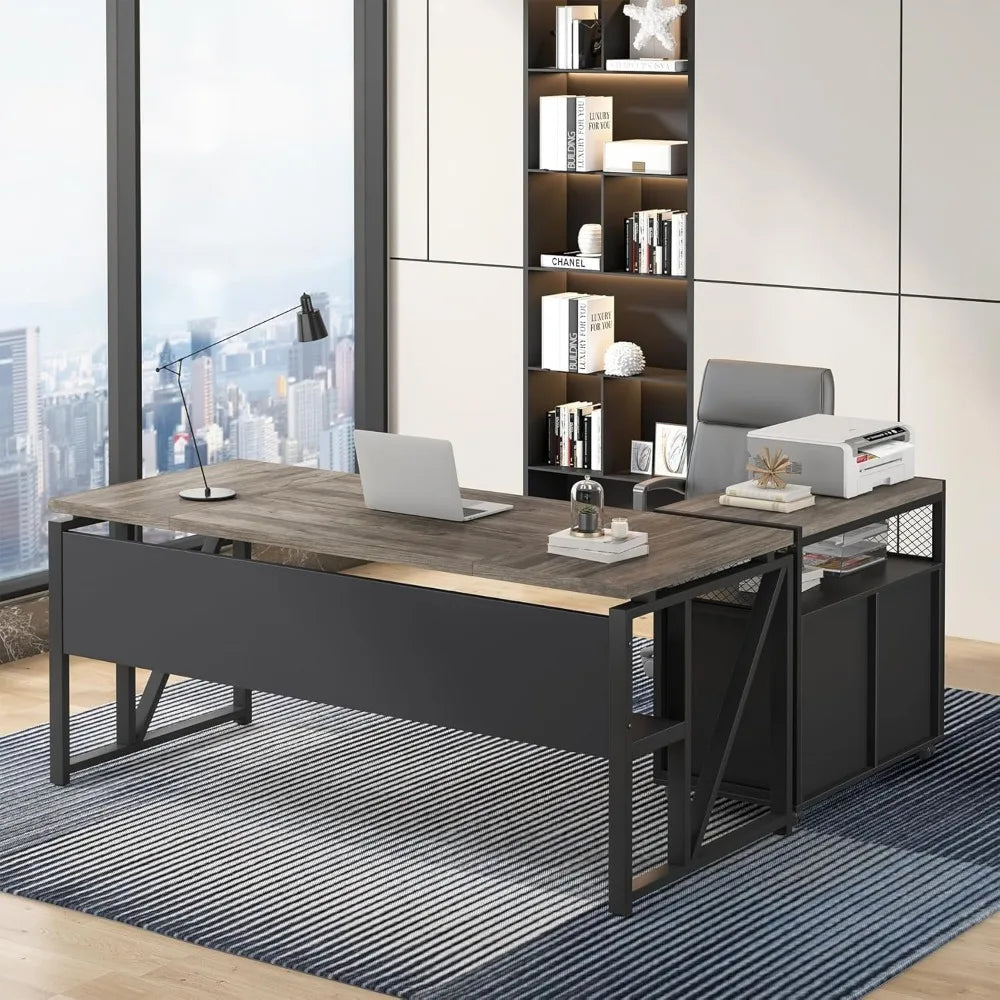 L Shaped Computer Desk Mobile File Cabinet Executive Office Furniture Set