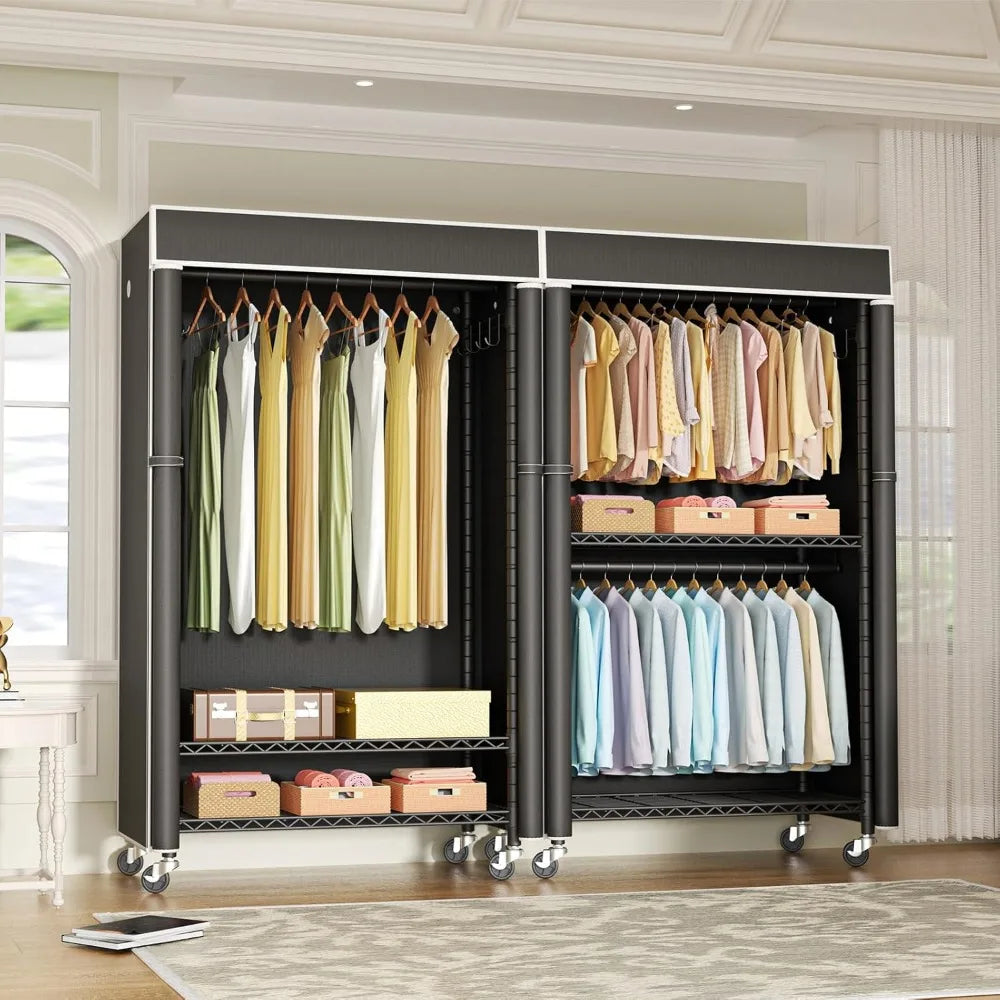 Clothing Rack with Cover Rolling Closet Metal Garment Rack Storage