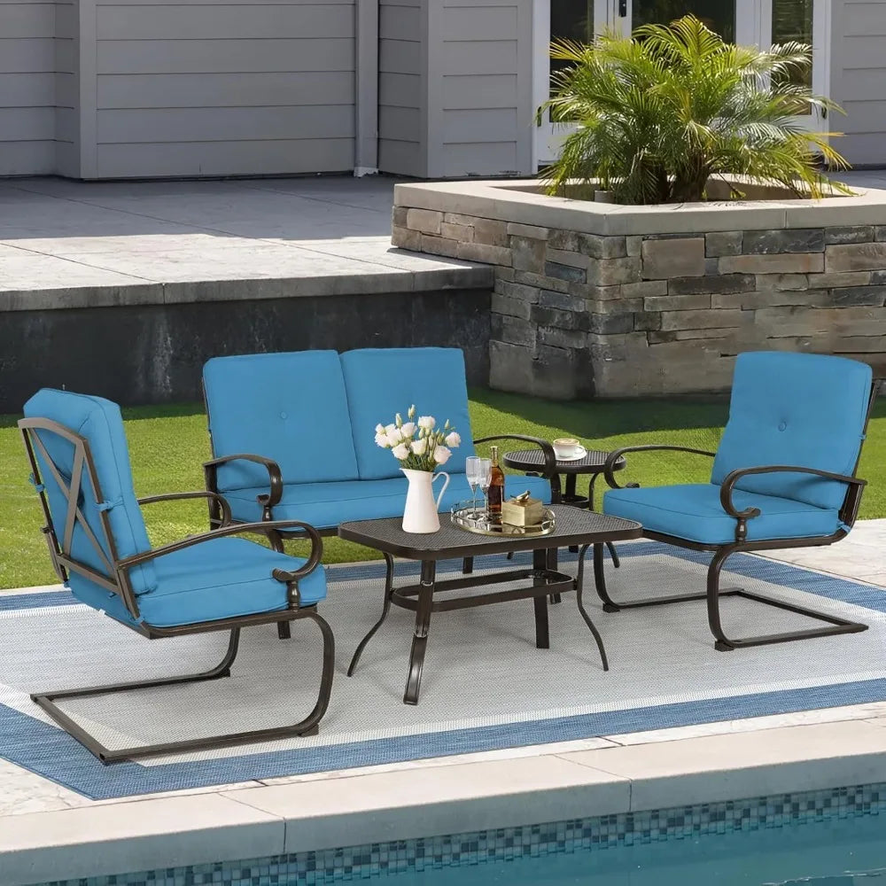 5 Piece Metal Outdoor Furniture Set Wrought Iron Patio Chair Cushions
