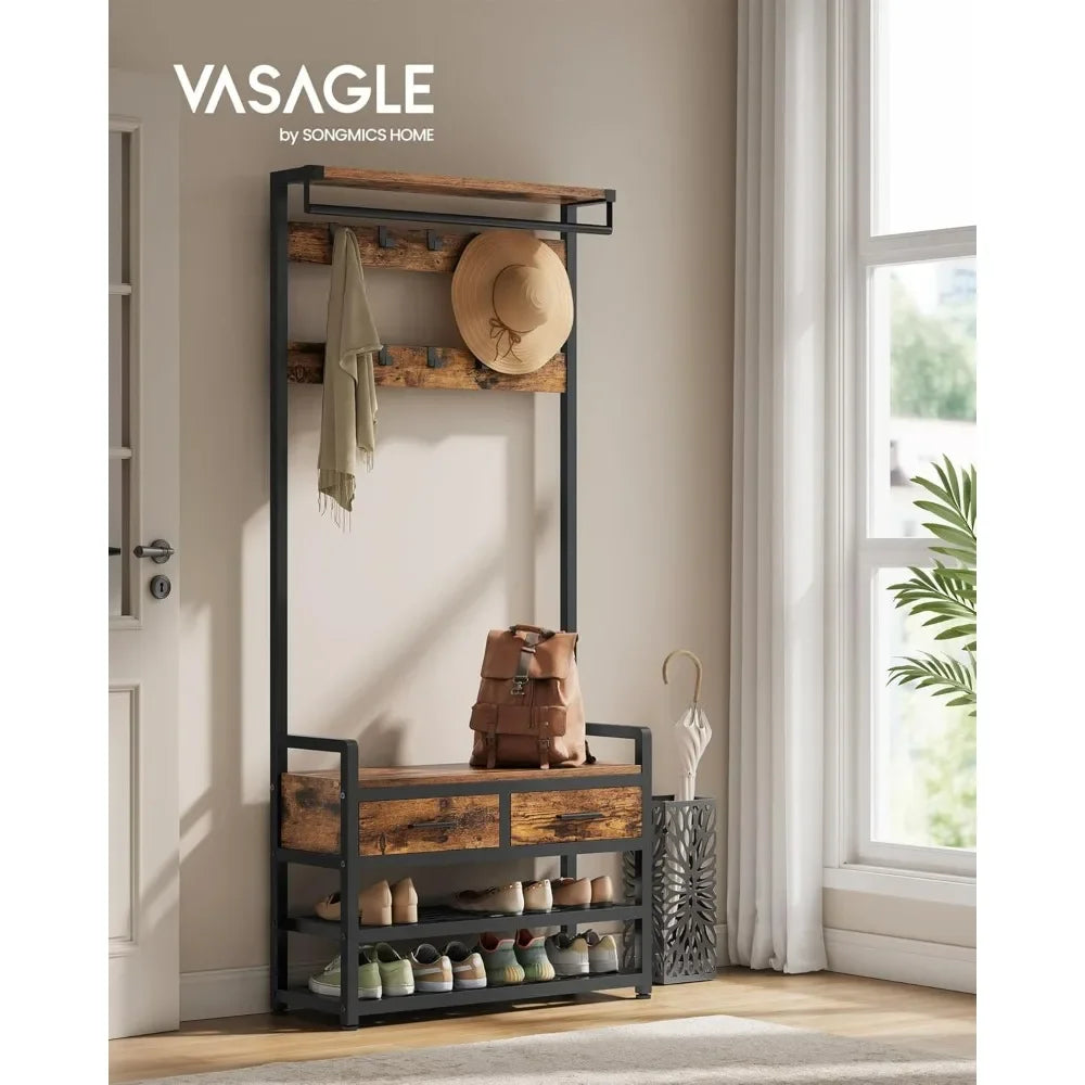 Entryway Coat Rack Shoe Bench with Fabric Drawers and Hooks