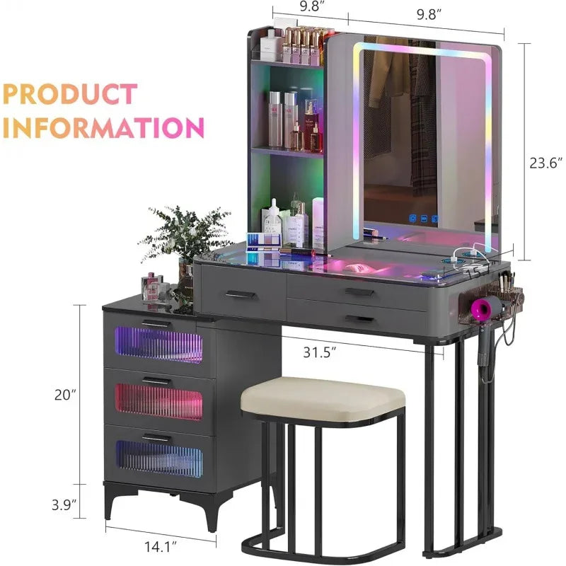 RGB Vanity Makeup Desk with 6 Drawers Smart Lighting and Charging Station