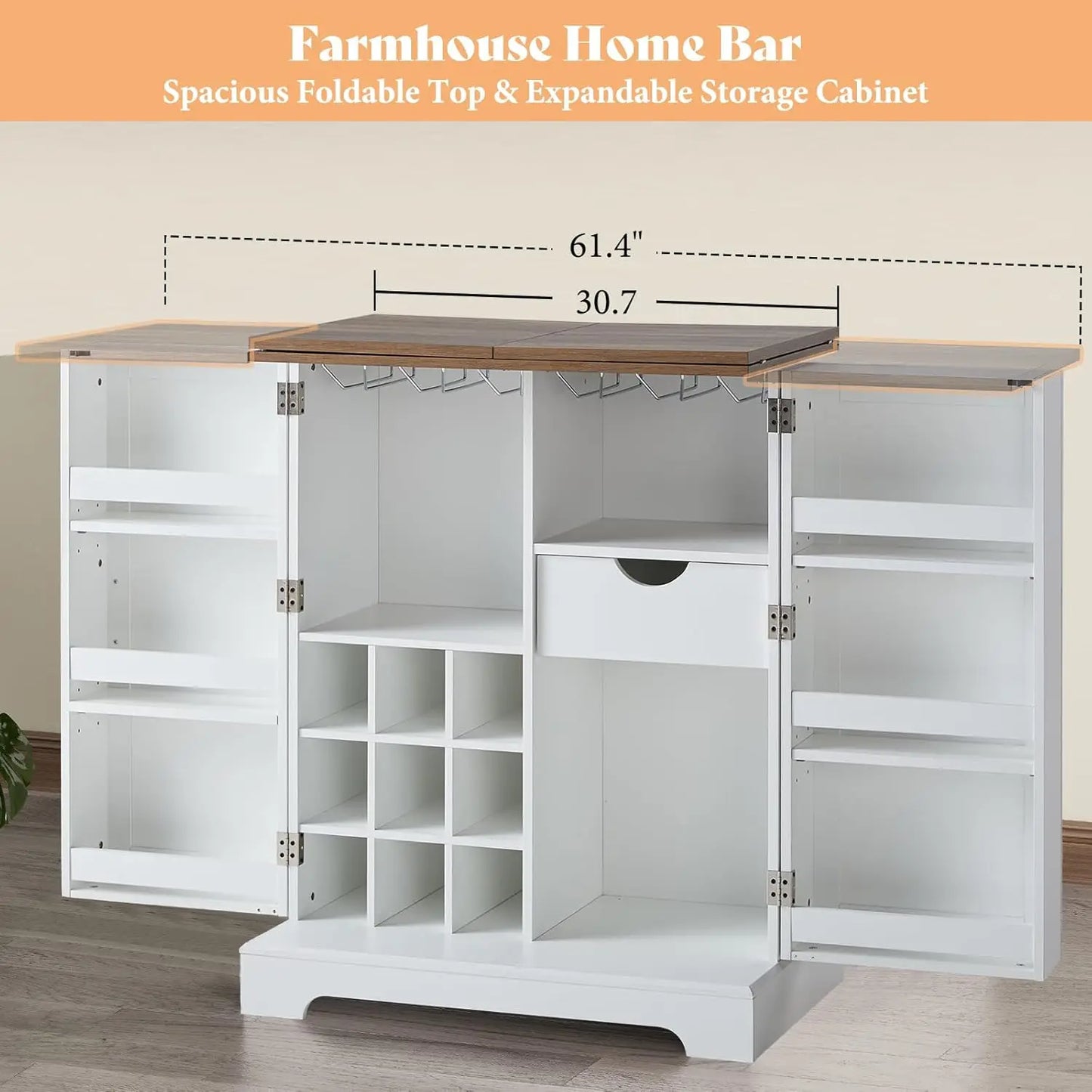 61 Inch Farmhouse Bar Cabinet with Wine Racks and Folding Storage