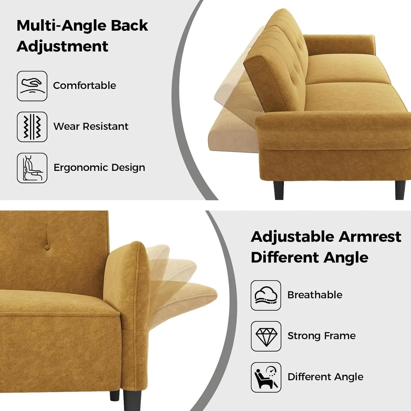 89" Convertible Futon Sofa Bed – Adjustable Back & Armrests, Yellow Sleeper Couch w/ Pillows