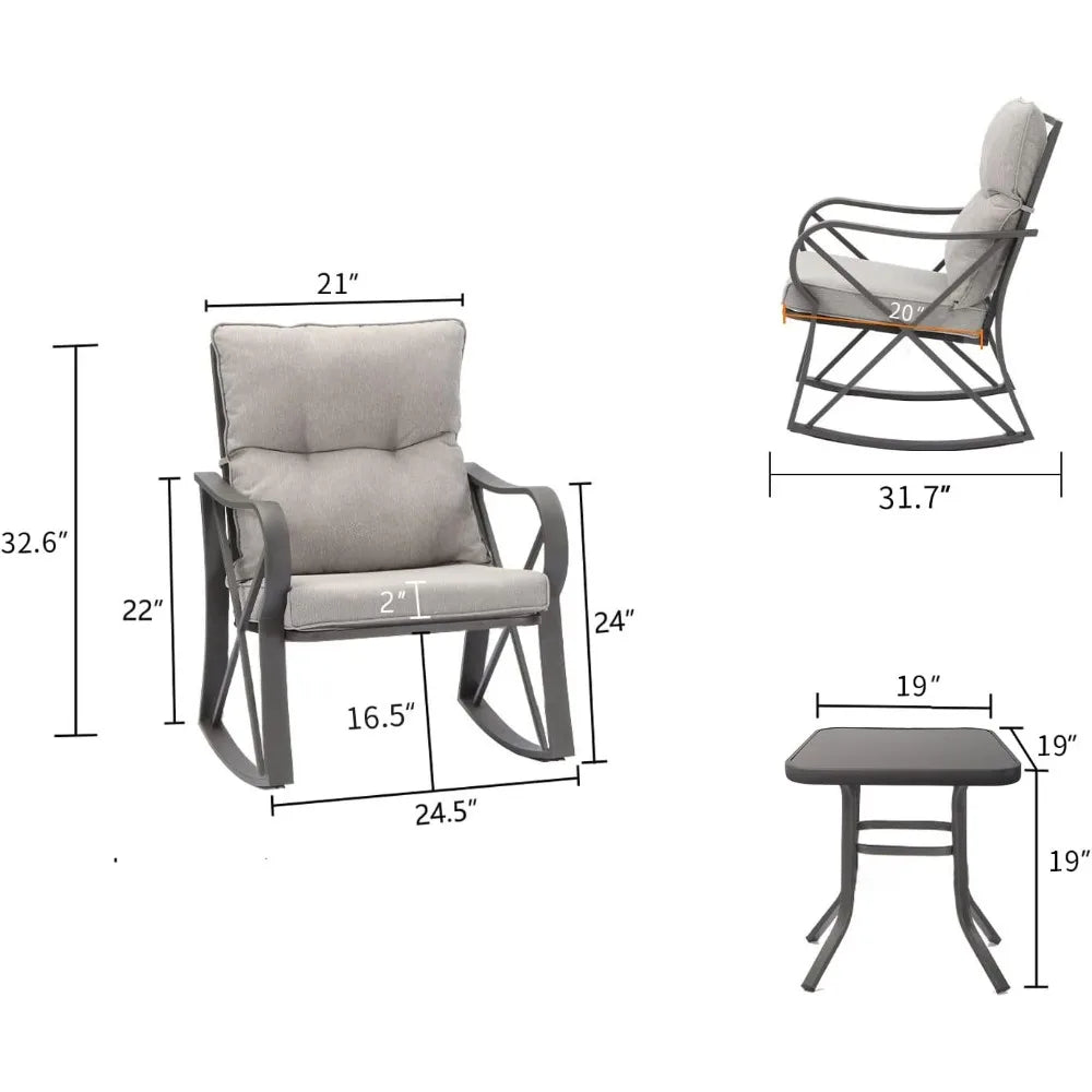 3 Piece Bistro Set Patio Rocking Chairs Glass-Top Table Outdoor Furniture