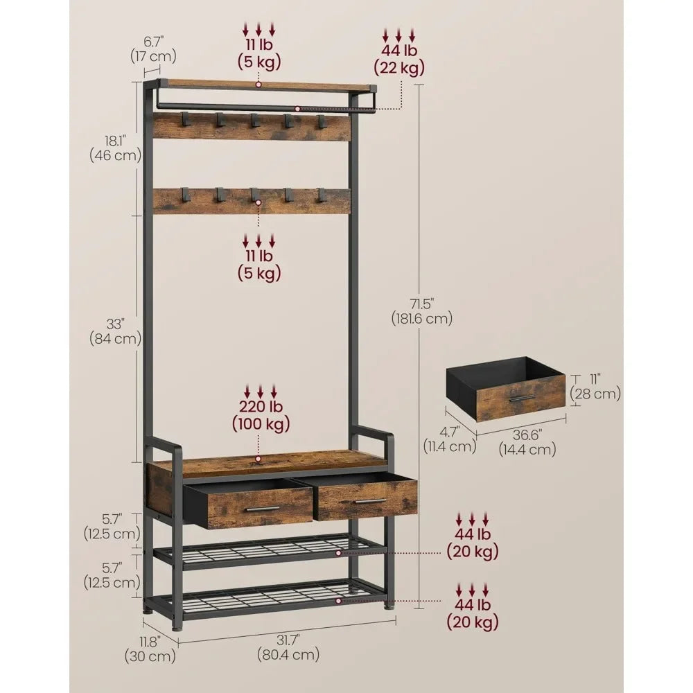 Entryway Coat Rack Shoe Bench with Fabric Drawers and Hooks