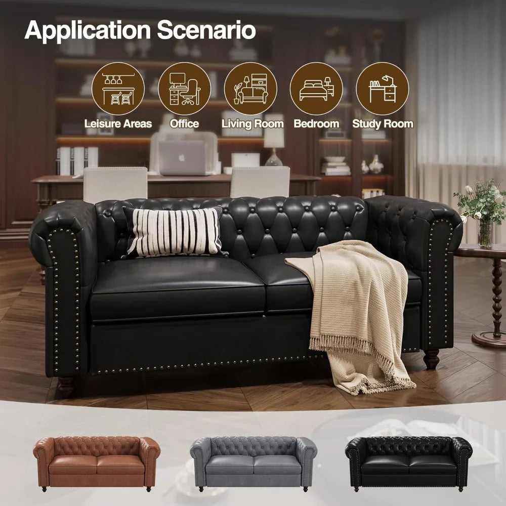 Chesterfield Faux Leather Sofa 72” Couch Tufted Rolled Arms for Living Room
