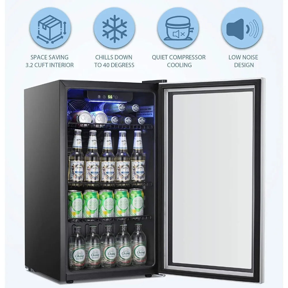 Beverage Refrigerator Cooler 100 Can Mini Fridge Adjustable Glass Door