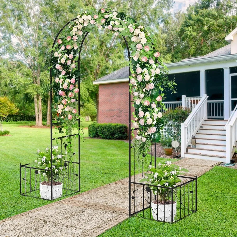 Garden Arbor Metal Archway Pergola with Side Planters and Ground Stakes