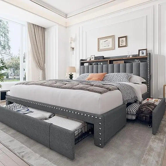 Ljustra Upholstered Queen Bed Frame with 3 Storage Drawers Strong Support