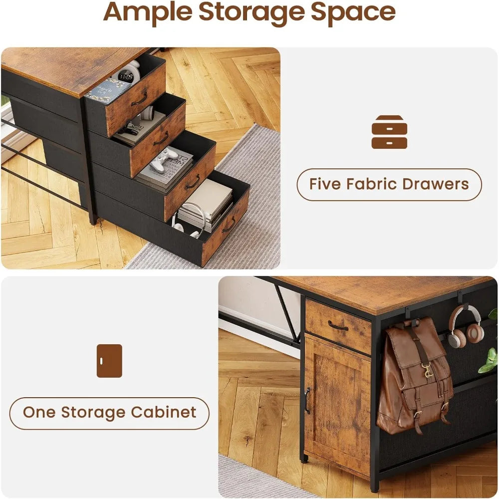 L Shaped Desk 63 Inch Computer Desk with 5 Drawers and Power Outlet