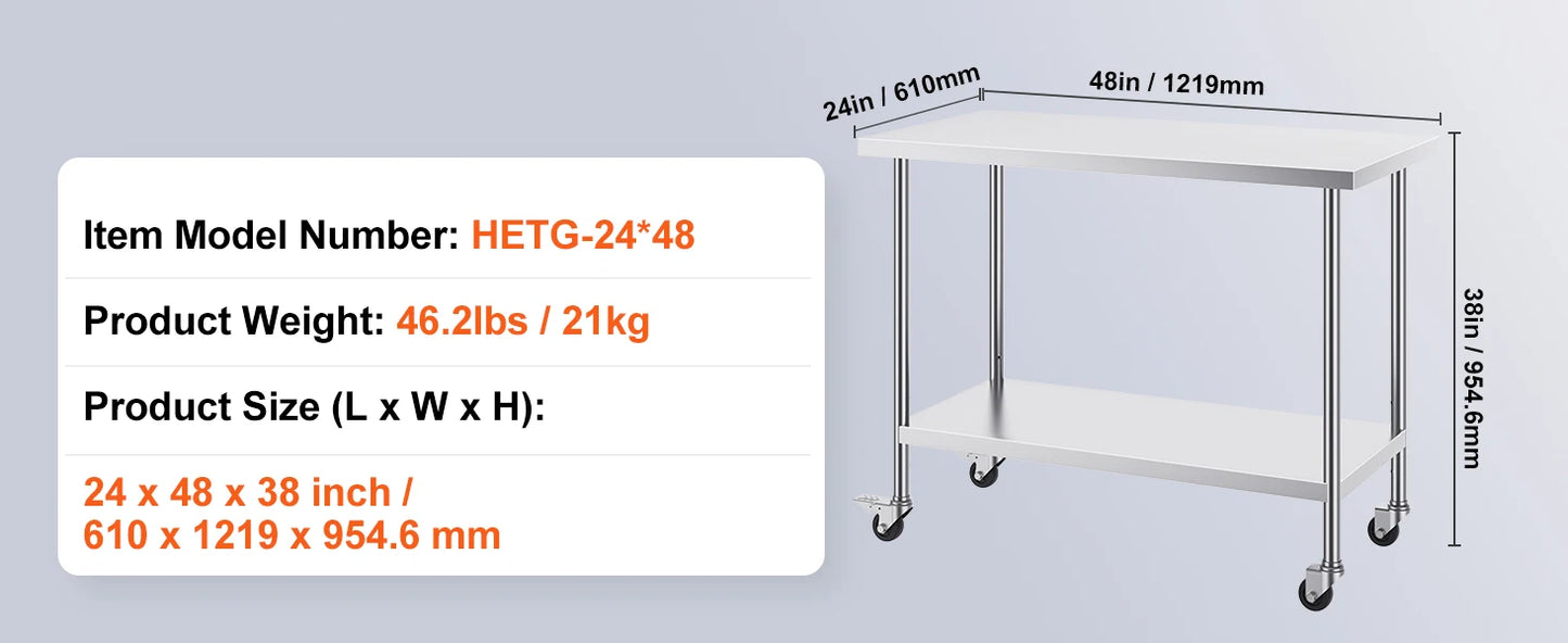 Heavy Duty Stainless Steel Work Table with Wheels Adjustable Height