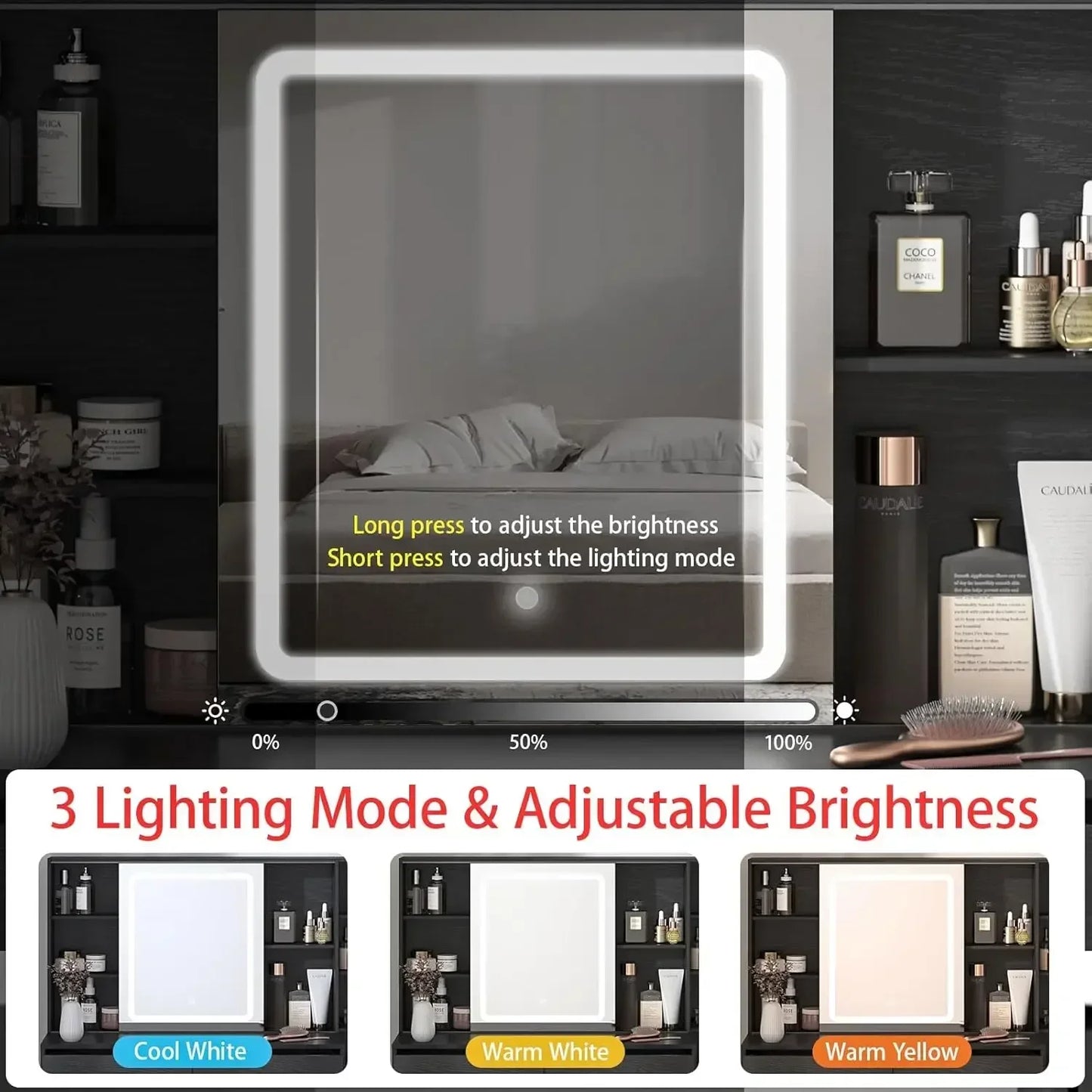 Makeup Vanity Desk with Sliding Mirror LED Lights and Charging Station