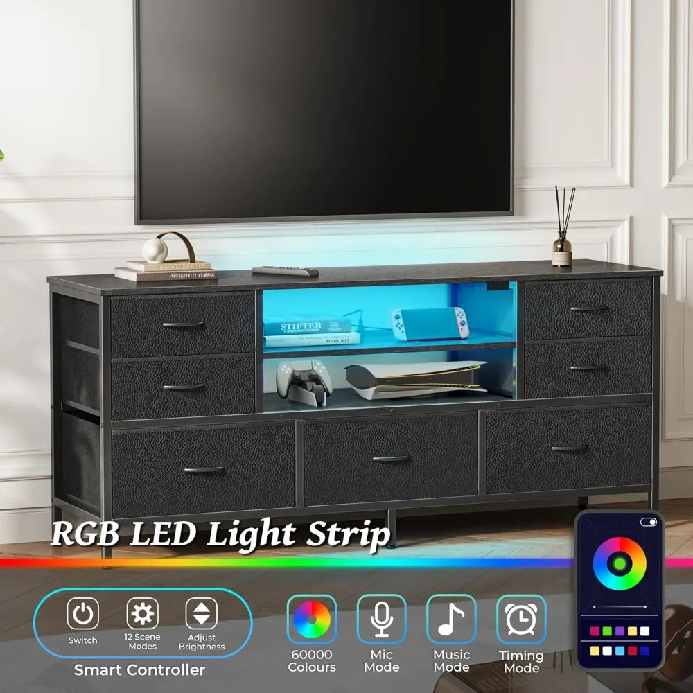 Modern TV Stand with Power Outlets LED Lights 7 Drawer Console