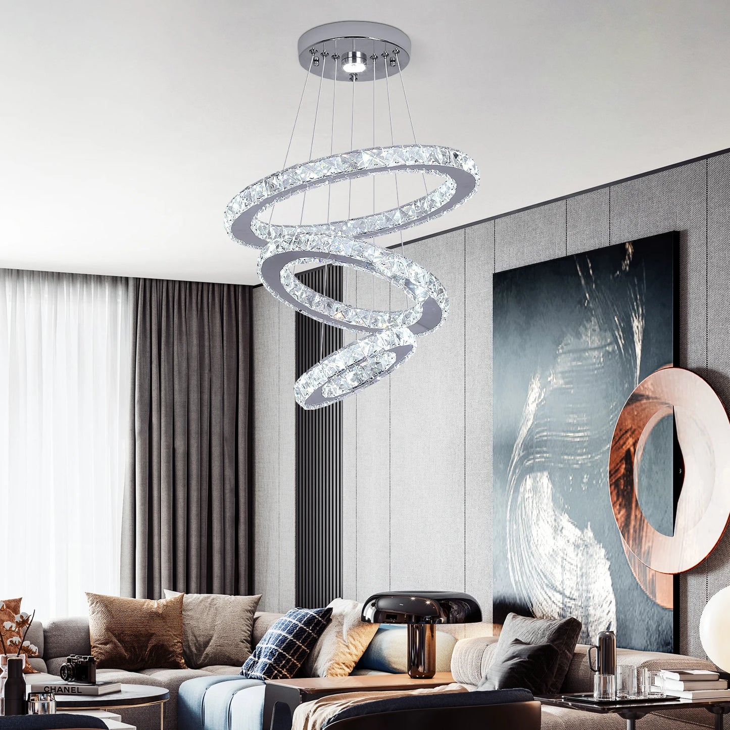 Modern Crystal Chandelier Pendant Light Dimmable LED with Remote Control
