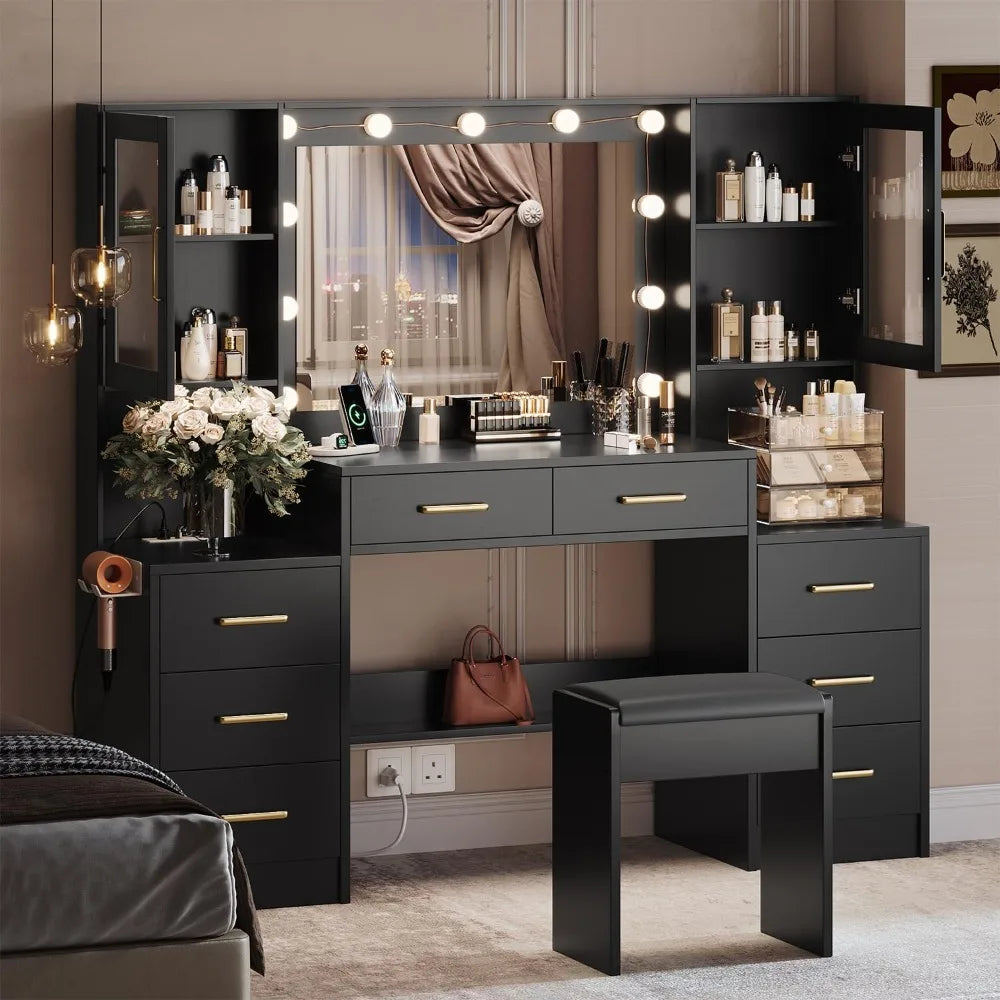 Black Vanity Desk with Mirror LED Lights Charging Station Makeup Table