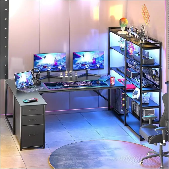 L Shaped Corner Desk with Drawers LED Lights Gaming Office Storage