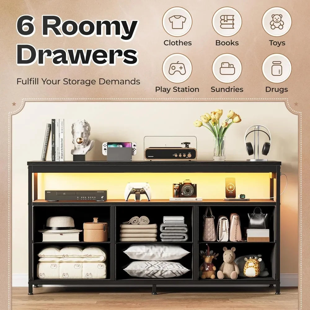 LED TV Stand 47 Inch Fabric Dresser with Power Outlets and 6 Drawers