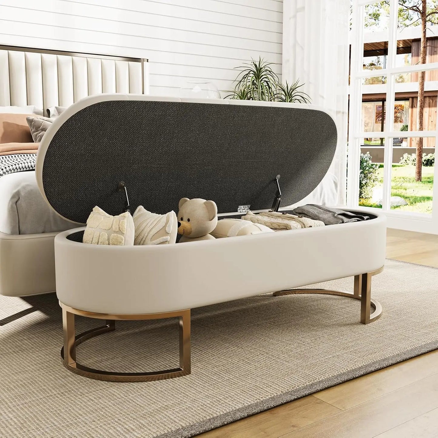 Ljustra 50 Inch Ottoman Storage Bench Upholstered Leather Living Room