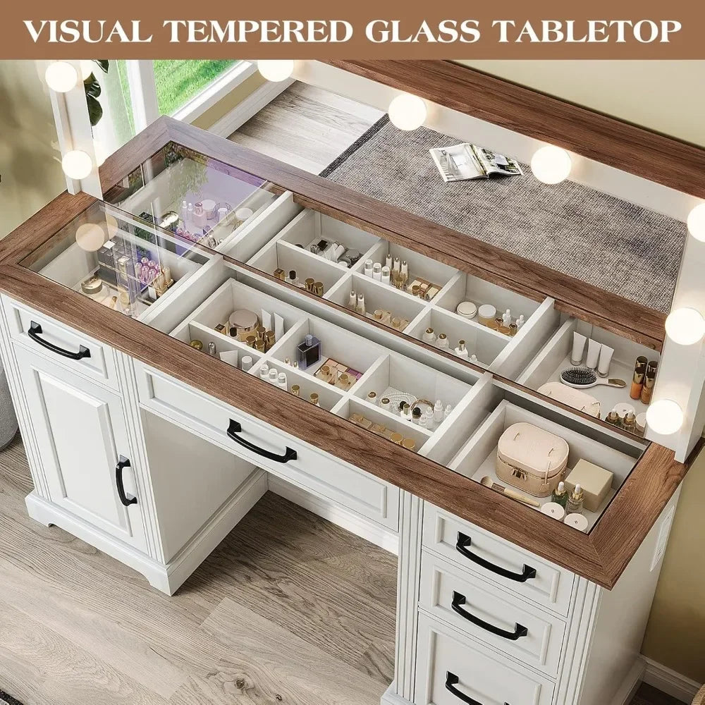 55 Inch Farmhouse Vanity Desk with Mirror Lights Charging Station 5 Drawers