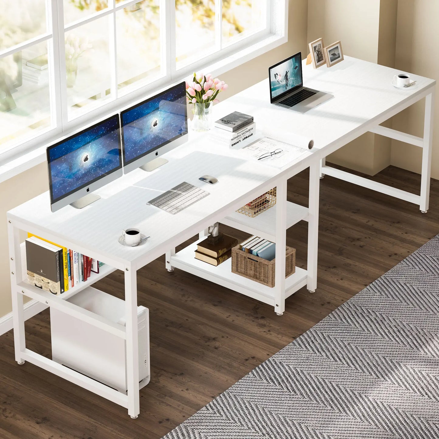 Ljustra Two Person Desk with Bookshelf Rustic Home Office Workstation