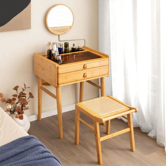 Bamboo Makeup Vanity Table with Stool Rotating Mirror 2 Drawers
