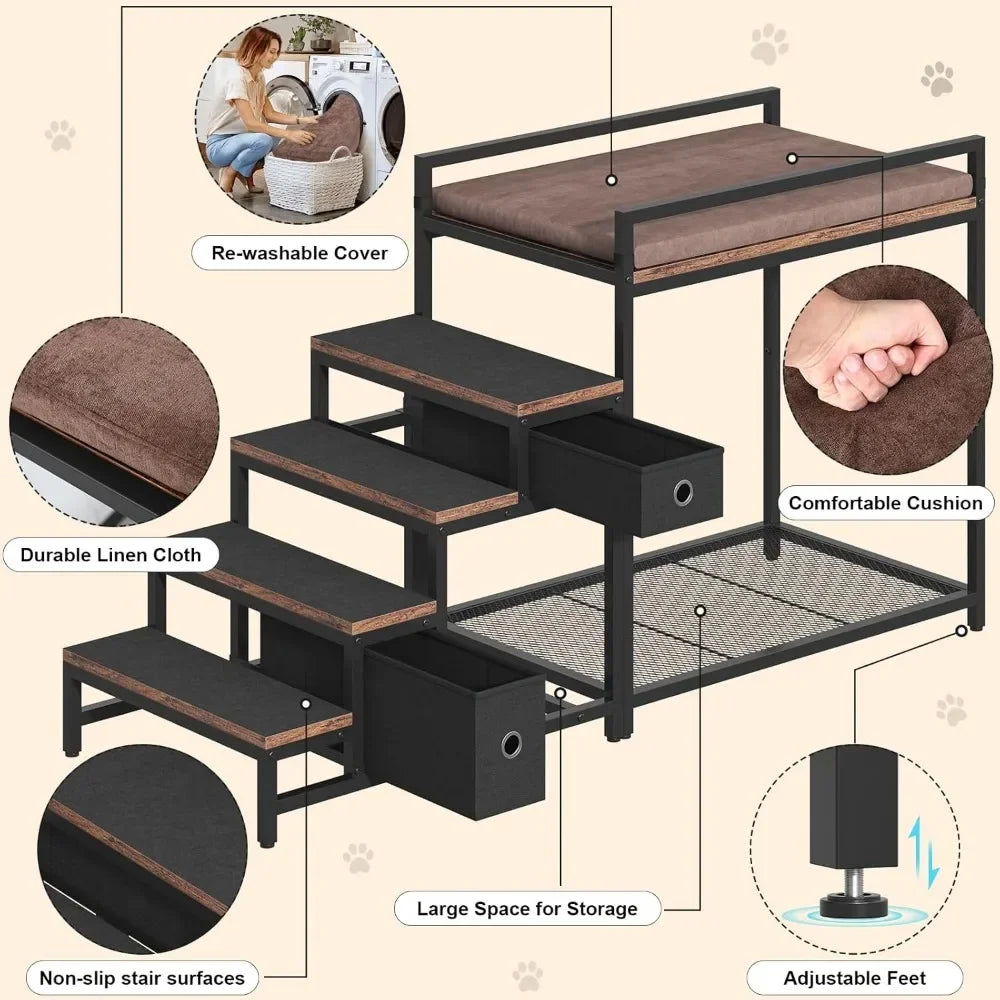 Pet Bunk Bed with Stairs Storage Multi-Level Elevated Bed for Cats Dogs
