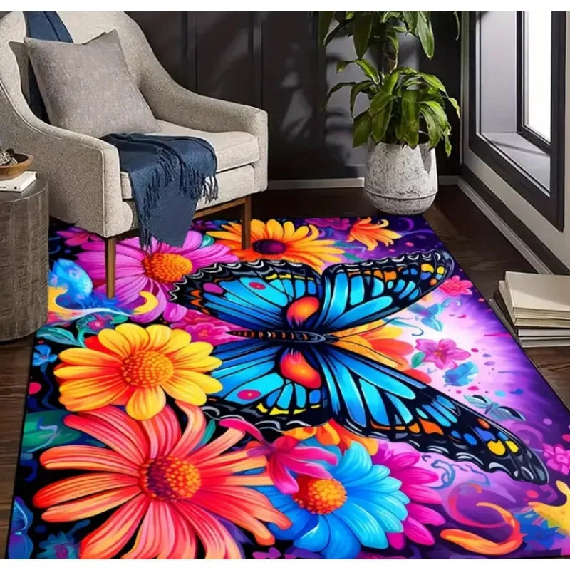 Colorful Butterfly Flower Pattern Non-Slip Machine Washable Rug