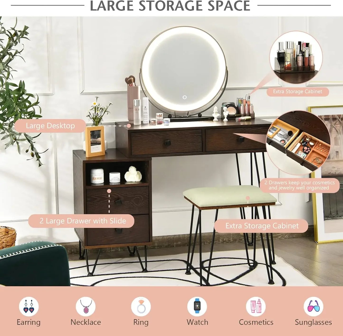 Ljustra Wooden Vanity Set with Lighted Mirror and Storage Stool