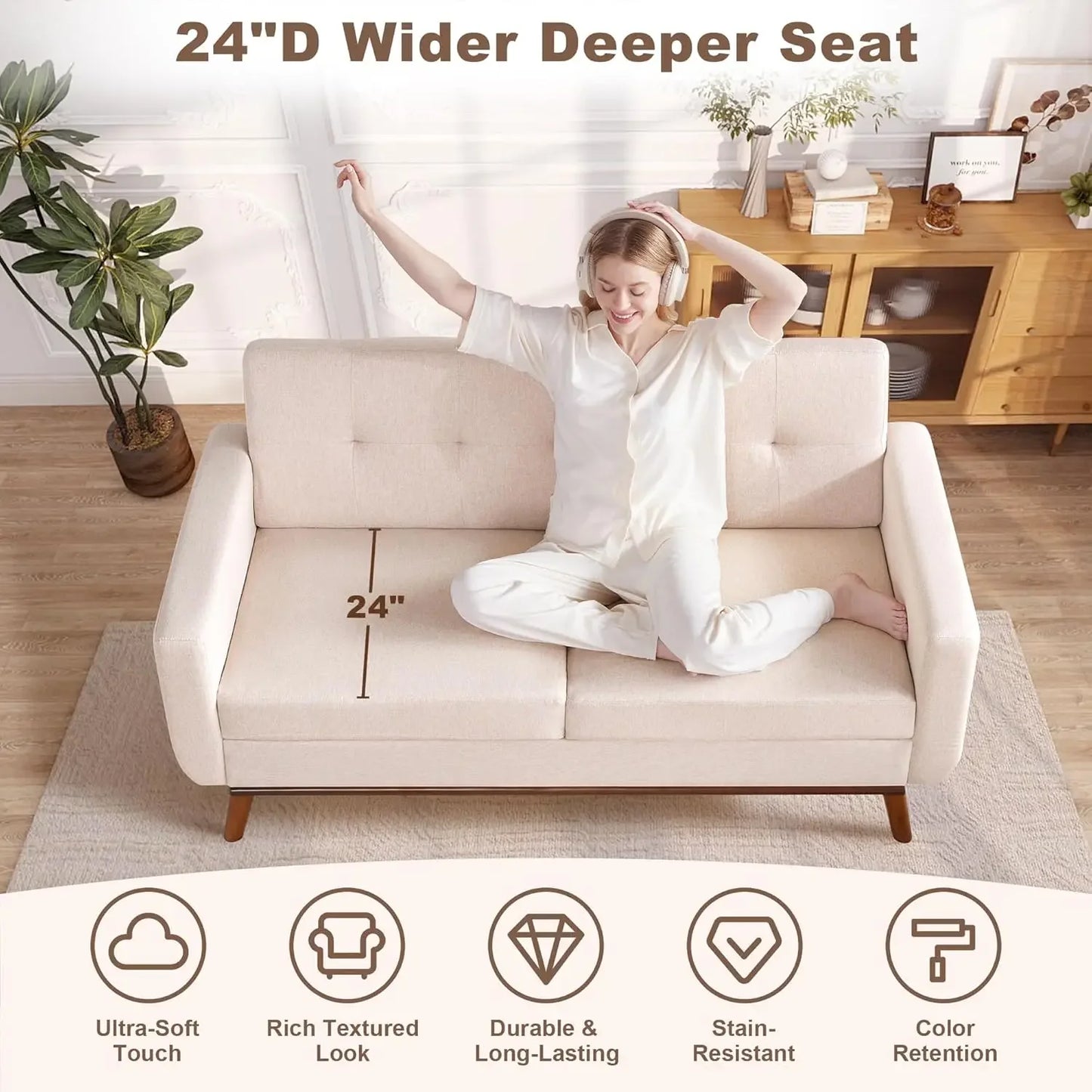 65 Inch Loveseat Sofa Mid Century Modern Button Tufted Upholstered Couch