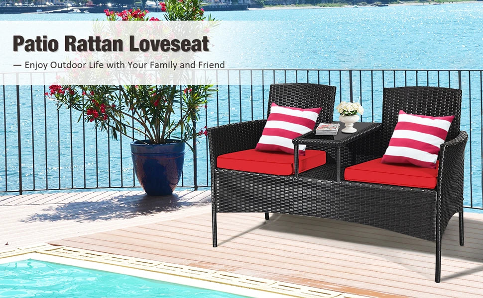 Garden Conversation Furniture Set Modern Rattan Bench with Cushions