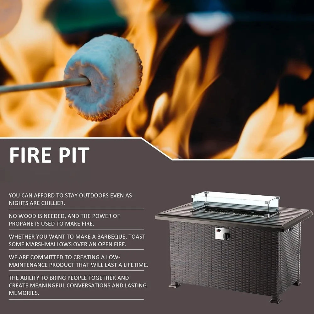 Propane Fire Pit Table 43 Inch Outdoor Wicker Fire Pit with Lid Cover