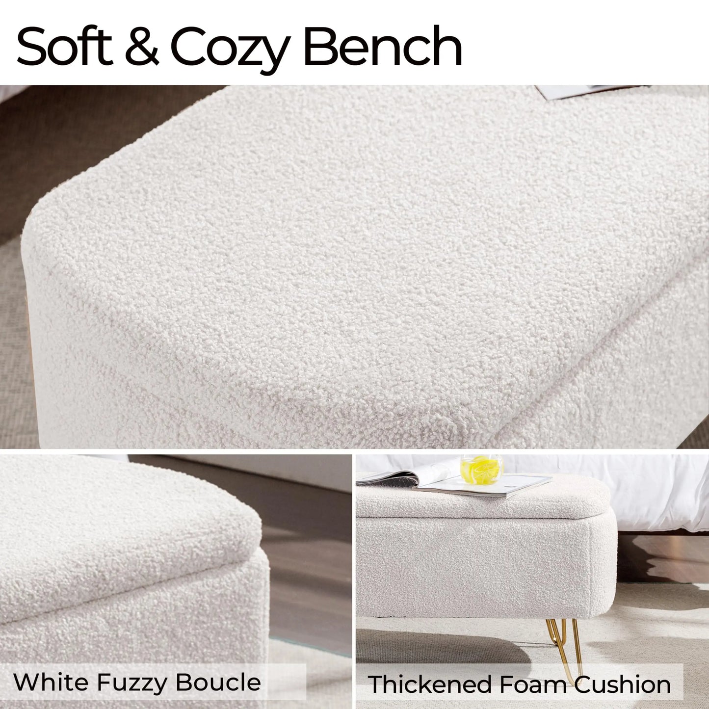 40 Inch Boucle Sherpa Ottoman Bench Storage Upholstered Gold Legs