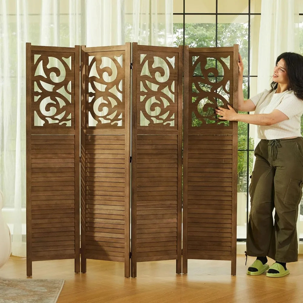Folding Room Divider 4 Panels Wood Carved Privacy Screen Freestanding