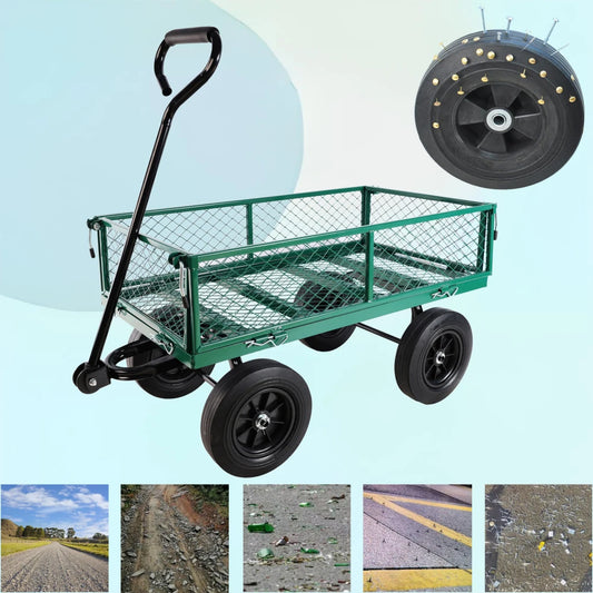 Green Solid Wheel Garden Wagon Cart for Easy Firewood Transport