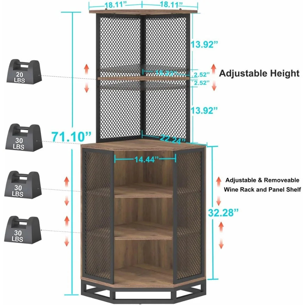 Corner Bar Cabinet Industrial 5 Tier Adjustable Shelf Storage Home