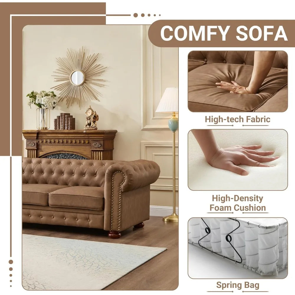 Ljustra Chesterfield Leather Sofa Mid Century Modern Couch 89 Inch