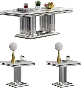 Modern White 3-Piece Living Room Table Set Faux Marble Stainless Steel