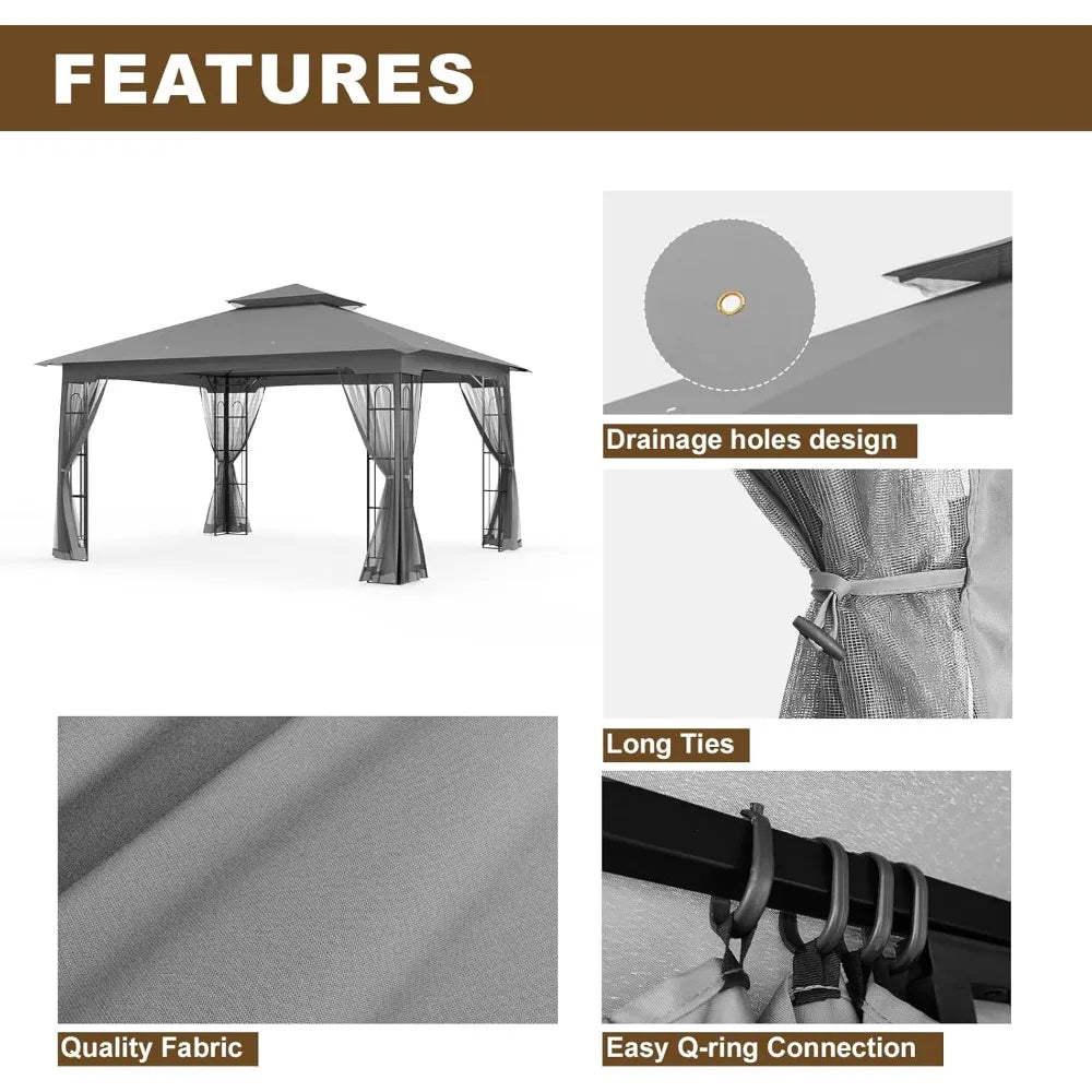 10x12 Outdoor Gazebo Tent with Netting Double Roof Patio Pavilion