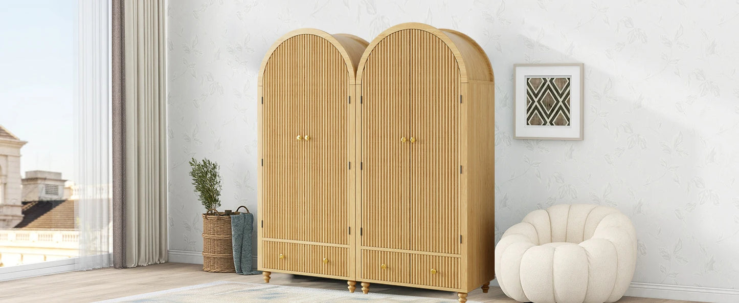 Modern Arched Wooden Storage Cabinet with Fluted Doors and Gold Knobs